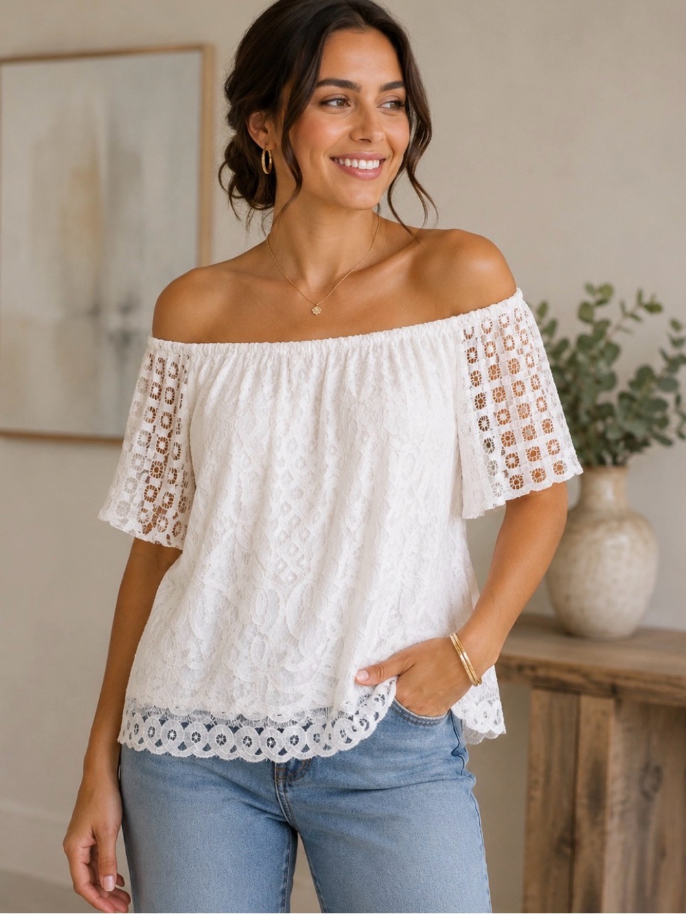Rafaella White Off-Shoulder Lace Tunic